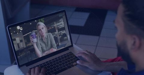 Man video calling woman in cafe from home lounge, holding coffee during virtual meeting