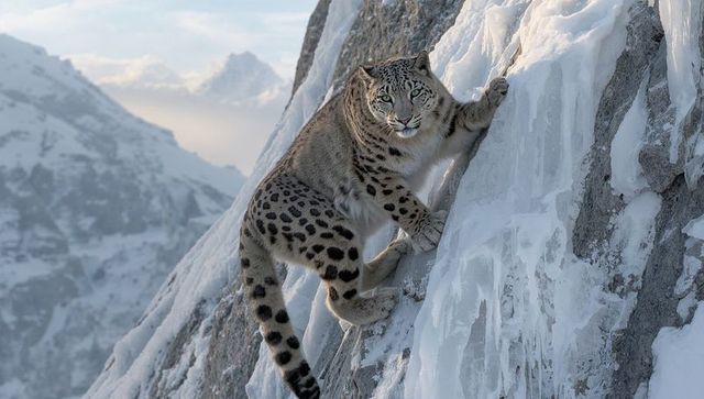 Snow leopard climbing icy cliff on alpine glacier with piercing green eyes and claws