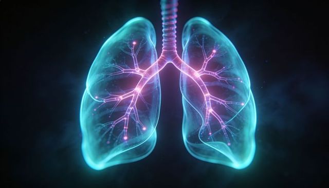 Glowing holographic lungs showing bronchial tree, trachea and nodules in neon cyan, magenta