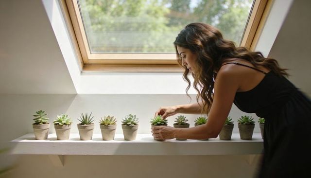 Woman tending row of potted succulents on sunny windowsill beneath wooden skylight indoors