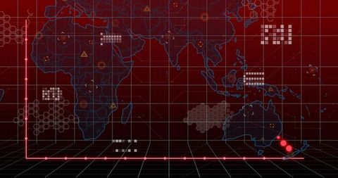 Futuristic cyber dashboard displaying global digital map with magenta nodes and gridlines