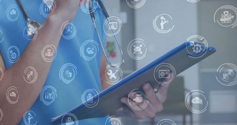 Modern medicine and technology integration with digital health icons