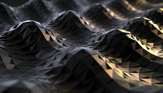 Low-poly black geometric terrain with gold highlights, abstract triangular mesh