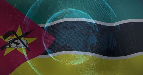 Mozambique flag hoist emblem overlaying digital wireframe globe africa connectivity