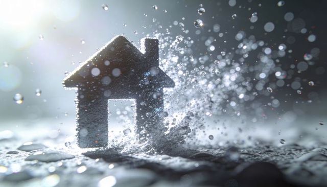 Backlit metallic house silhouette splashing water droplets with dramatic bokeh and texture