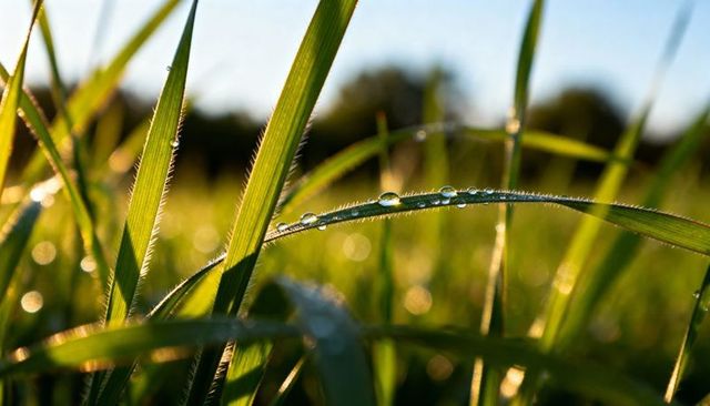 Morning dew on curved grass blade catching golden sunlight with bokeh macro detail