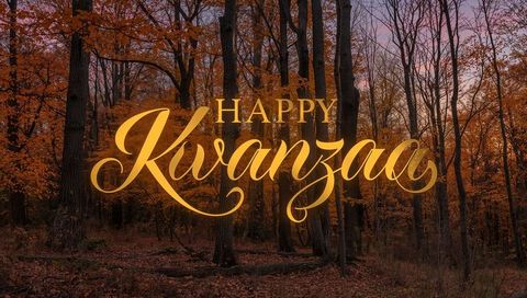 Golden Happy Kwanzaa Lettering Glowing Over Autumn Forest at Twilight with Fallen Logs