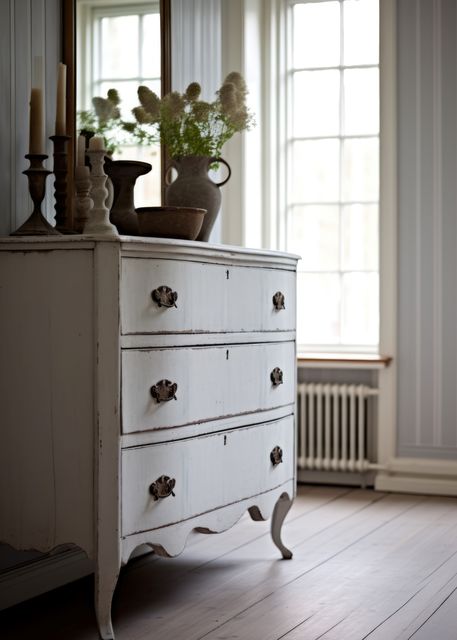 Antique style white chest of drawers in sunlit classic room, created using generative ai technology. Bedroom furniture, design and interior decoration concept digitally generated image.