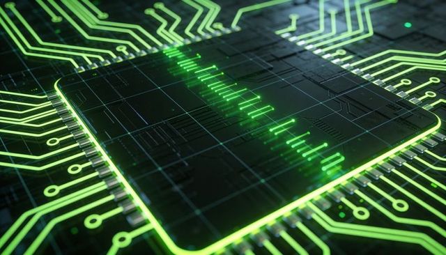Neon Green Microchip Glowing on Circuit Board with Digital Waveform and Solder Pads