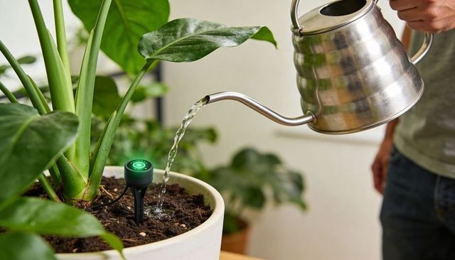Smart soil moisture sensor glowing green while watering houseplant with gooseneck kettle