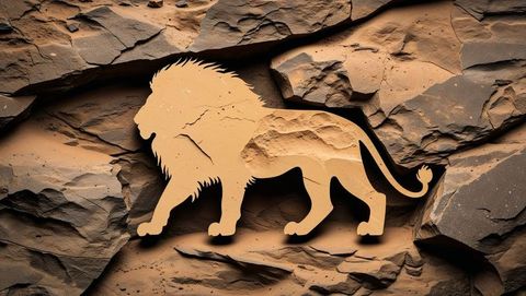 Carved lion silhouette merging with textured sandstone cliff