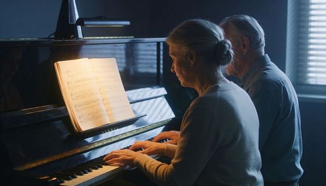 Senior couple playing piano together in cozy home evening light creating warm musical bond