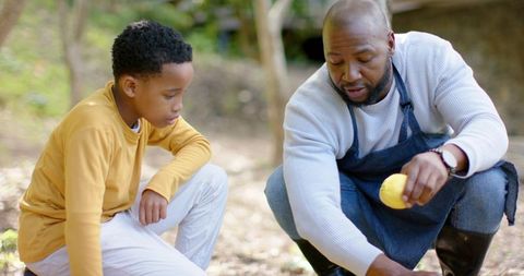 African american man teaching son foraging in forest clearing, examining yellow fruit, mentoring