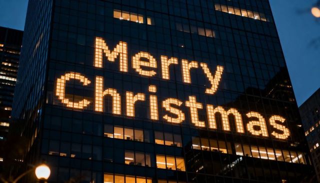 Merry christmas lights illuminating glass highrise facade at dusk