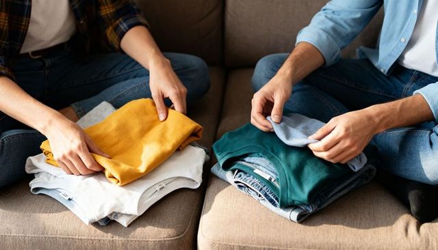 Couple folding laundry on sofa sharing chores and organizing casual clothes at home
