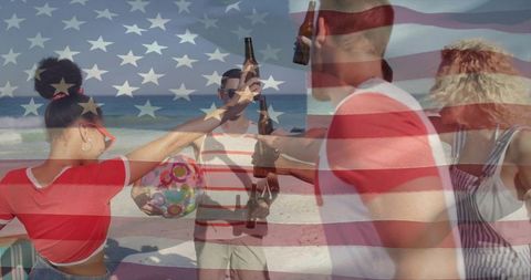 Friends Toasting Beer on Beach for Fourth of July with American Flag Overlay
