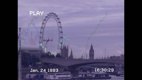 Retro London Skyline with Vintage VHS Data Overlay