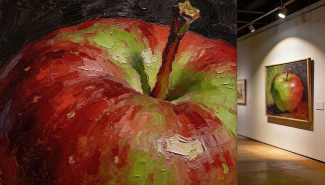 Impasto apple close-up painting on canvas displayed in modern gallery with spotlights
