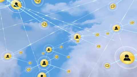 Animated Global Network Icons on Cloudy Sky Background