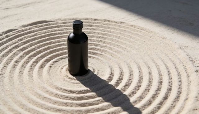 Matte black bottle standing in sunlit minimal zen sand garden with concentric raked rings