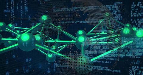 Futuristic 3d network with glowing spheres and digital code