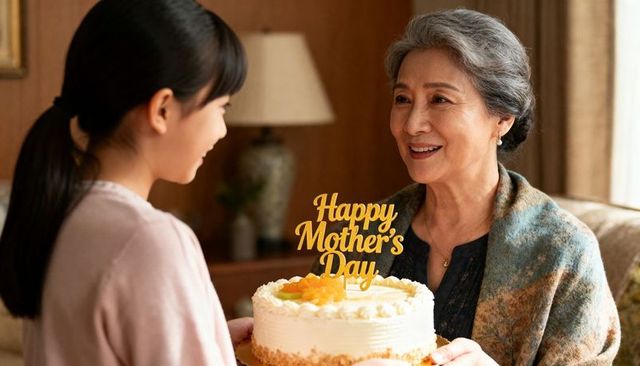 Granddaughter presenting homemade cake to smiling grandmother for mother's day