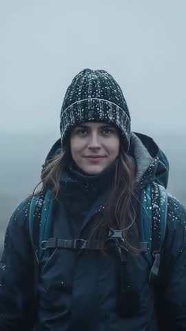Woman facing camera while hiking foggy coastline with snow-dusted beanie — vertical video