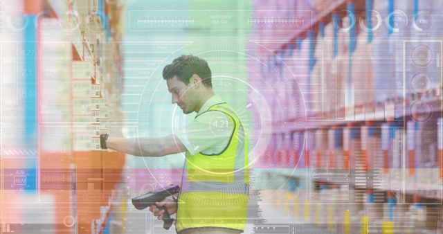 Warehouse worker scanning barcode with futuristic digital interface overlay - Download Free Stock Images Pikwizard.com