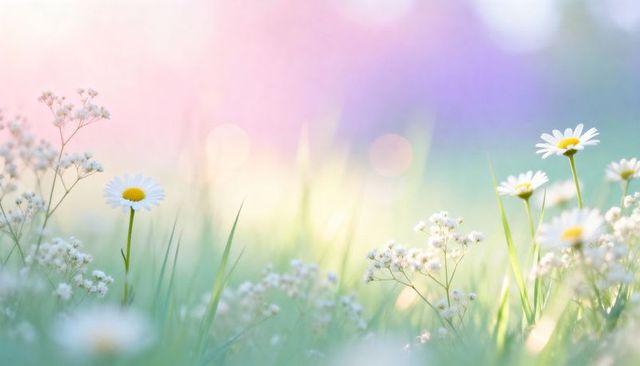 Sunlit pastel meadow with blooming daisies and baby's breath, soft bokeh dreamy close-up