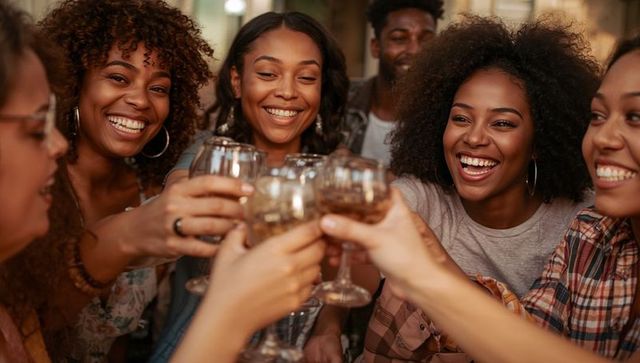 Friends clinking wine glasses celebrating night out laughing together at cozy bar toasting joy