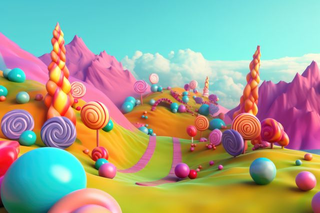 Vibrant fantasy landscape with colorful lollipops and candy balls in a whimsical environment. Perfect for themes of imagination, fantasy artwork, children’s books, and playful designs. Ideal for illustrating a magical, sweet, and surreal world, making it suitable for greeting cards, posters, and creative digital projects focusing on childhood magic and dreams.