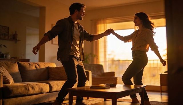 Golden hour dance: young couple swaying hand-in-hand in cozy sunlit living room