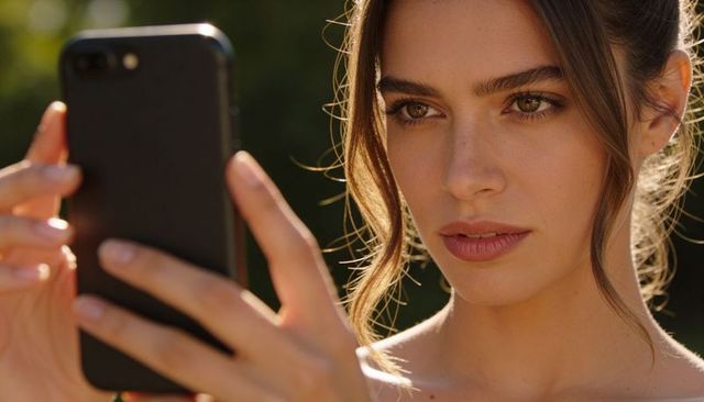 Young woman taking selfie with black smartphone in golden garden light, close-up portrait