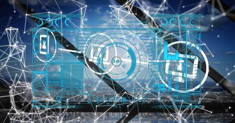 Virtual interface analyzing urban cityscape with futuristic icons