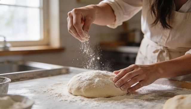 Sprinkling flour over dough while shaping rustic artisanal bread in sunlit kitchen