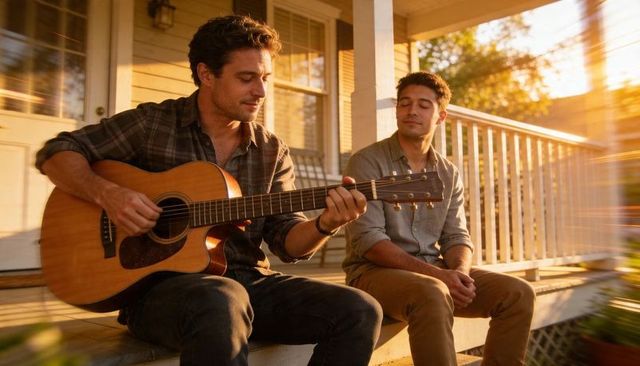 Two friends playing acoustic guitar on front porch at golden hour, cozy summer evening