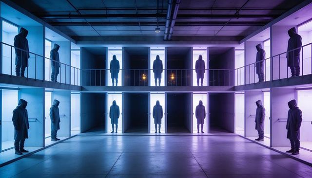 Hooded silhouettes standing in neon-lit industrial gallery with symmetrical alcoves and mezzanine