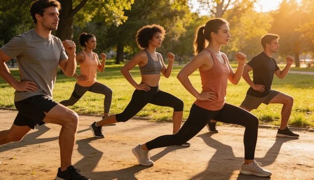 Group performing forward lunges at golden hour in park for outdoor fitness training