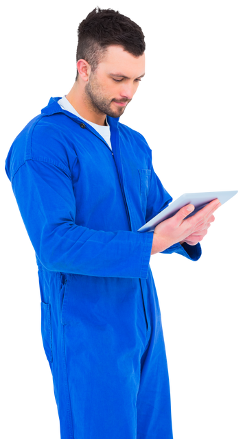 Transparent Mechanic Wearing Blue Overalls Using Digital Tablet - Download Free Stock Videos Pikwizard.com