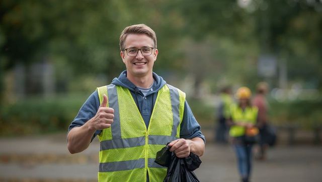 Smiling volunteer giving thumbs up during park cleanup wearing reflective hi-vis vest