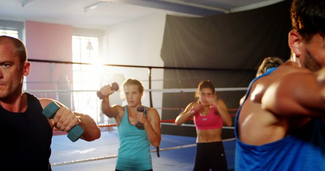 Group Boxing Fitness Class Focused on Training with Free Weights in Gym - Download Free Stock Images Pikwizard.com