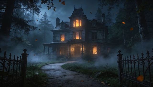 Looming victorian mansion glowing through fog on curved driveway at night with iron gate