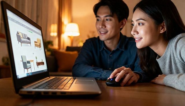 Young couple browsing online furniture and sofas on laptop in cozy warm living room