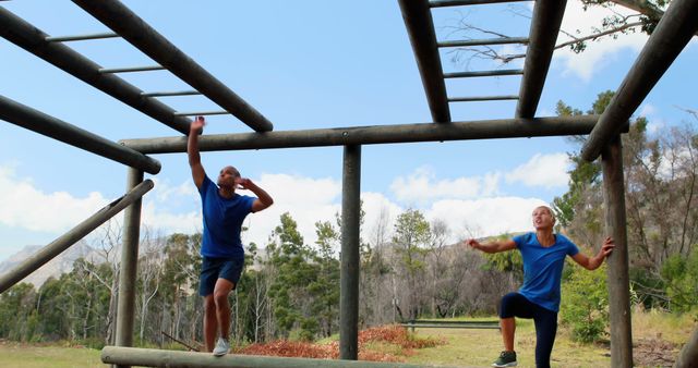 Fitness Enthusiasts on Outdoor Monkey Bars Adventure - Download Free Stock Images Pikwizard.com