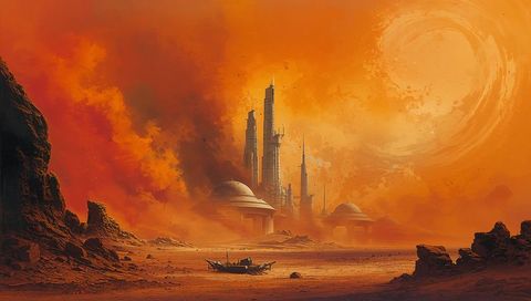 Shimmering Futuristic City Spires and Dome Complex Rising over Orange Desert Plain