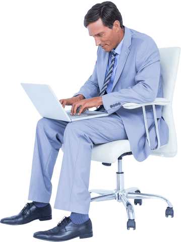 Transparent Businessman Typing on Laptop While Sitting on Chair