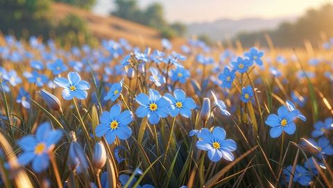 Bright blue forget me not wildflowers in peaceful meadow at sunrise