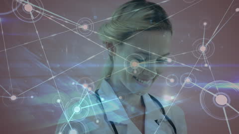 Smiling Female Doctor with Futuristic Network Overlay