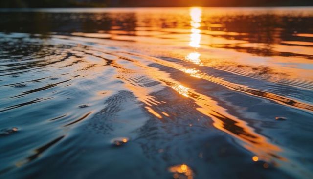 Golden sunset ripples on lake surface reflecting sunlight calm blue amber glow