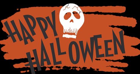 Halloween-themed greeting with striking typography overlaying a stylized skull on a dark background, perfect for Halloween party invitations, festive decorations, social media posts, and event promotions.